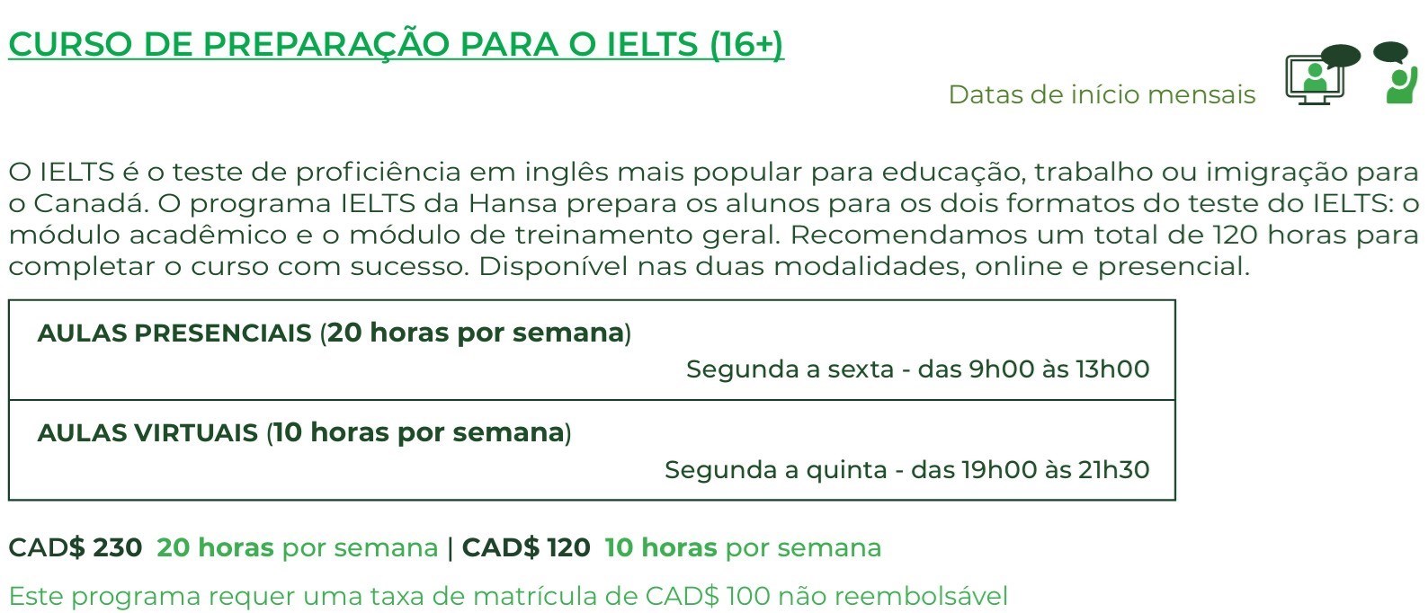 IELTS presencial (20 horas por semana)