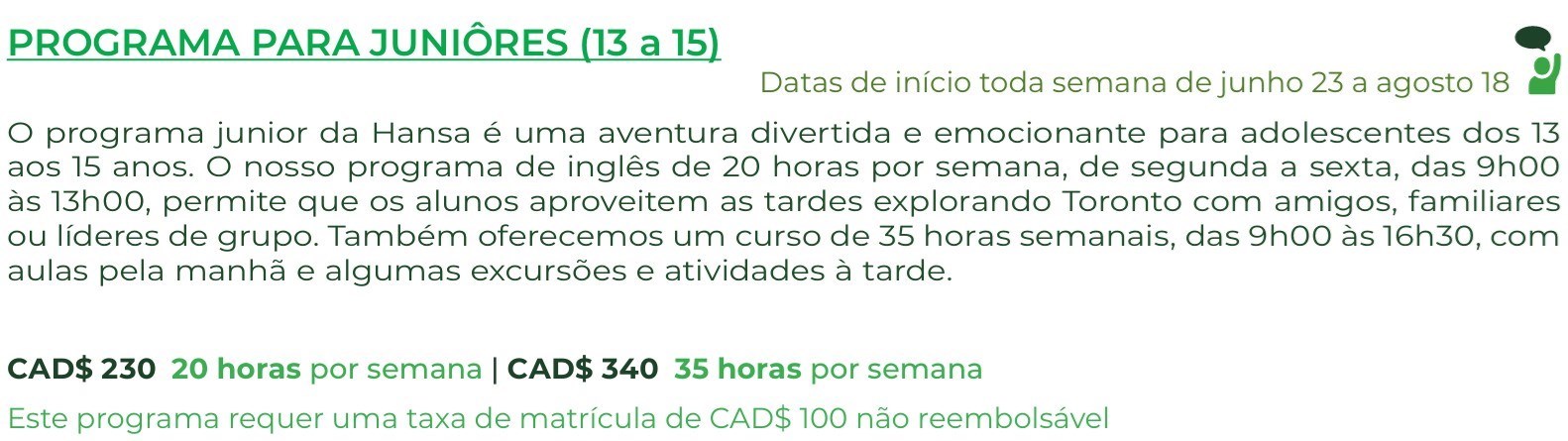 Programa de inglês para adolescentes (20 horas por semana)